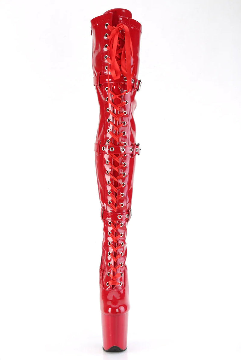 Pleaser USA Flamingo-3028 8inch Thigh High Pleaser Boots - Patent Red-Pleaser USA-Pole Junkie
