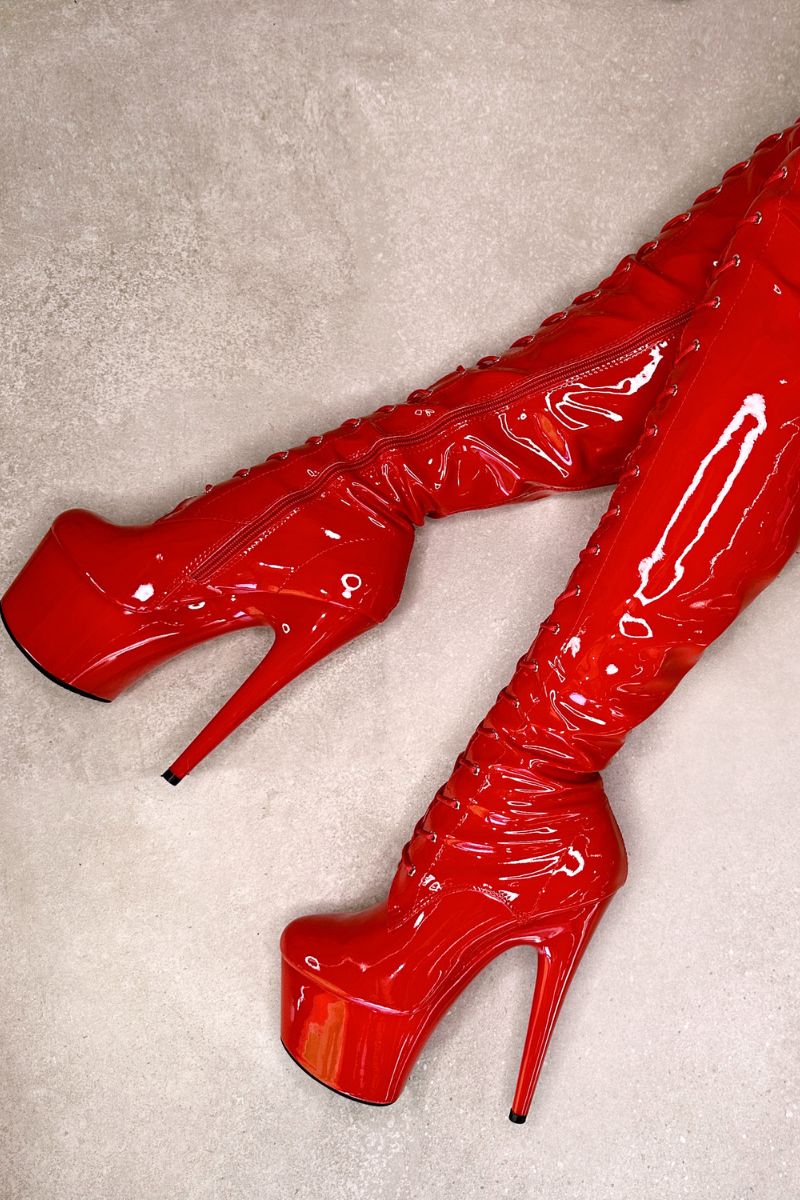 Hella Heels LipKit Thigh High Front Lace 7inch Boots - Cherry Pie-Hella Heels-Pole Junkie