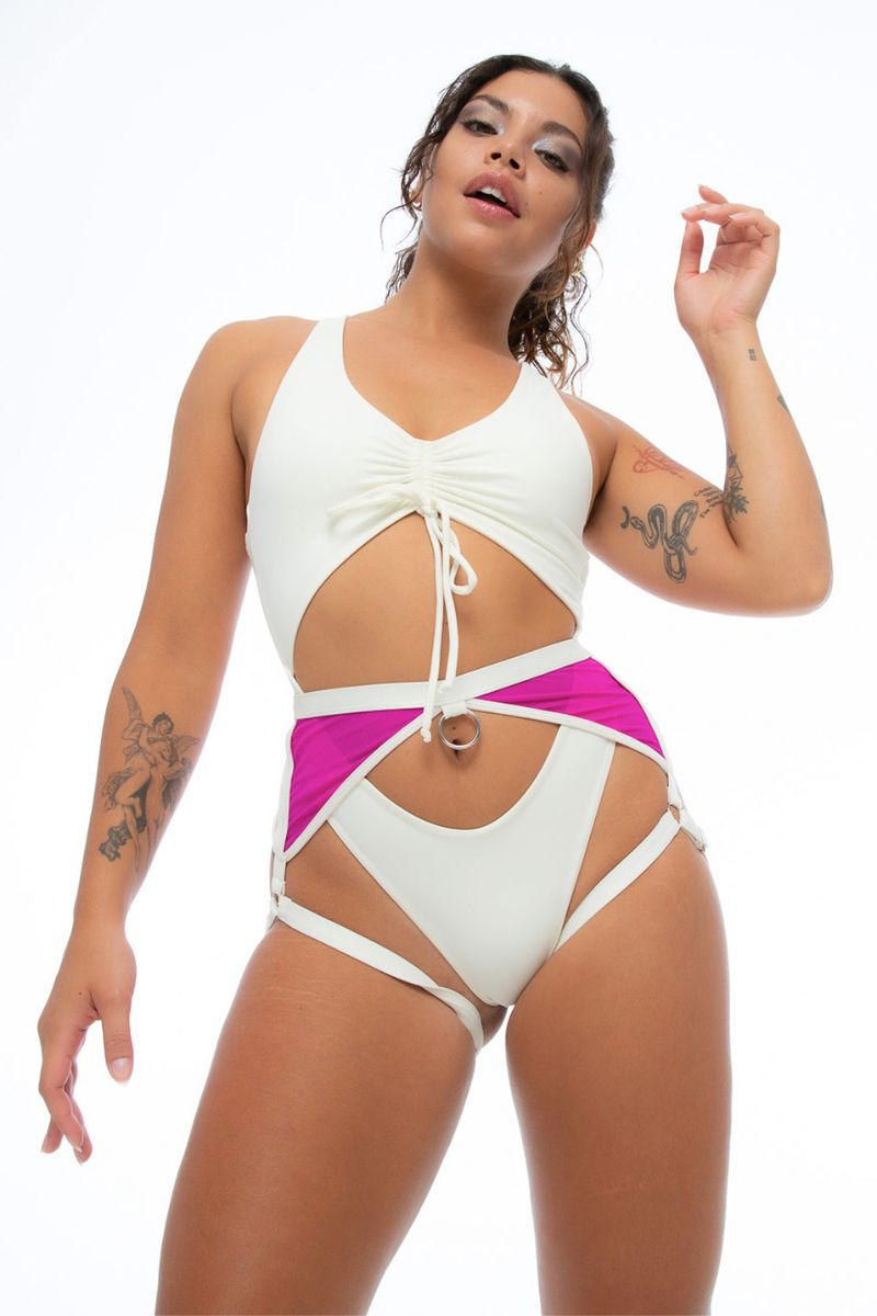 Nona Perkasa Hotline Garter Belt - Ivory/Pink-Nona Perkasa-Pole Junkie