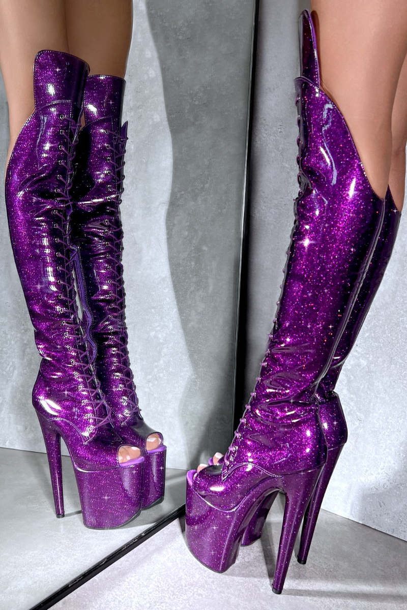 Hella Heels The Glitterati Open Toe Over The Knee 8inch Boots - Purple Rain