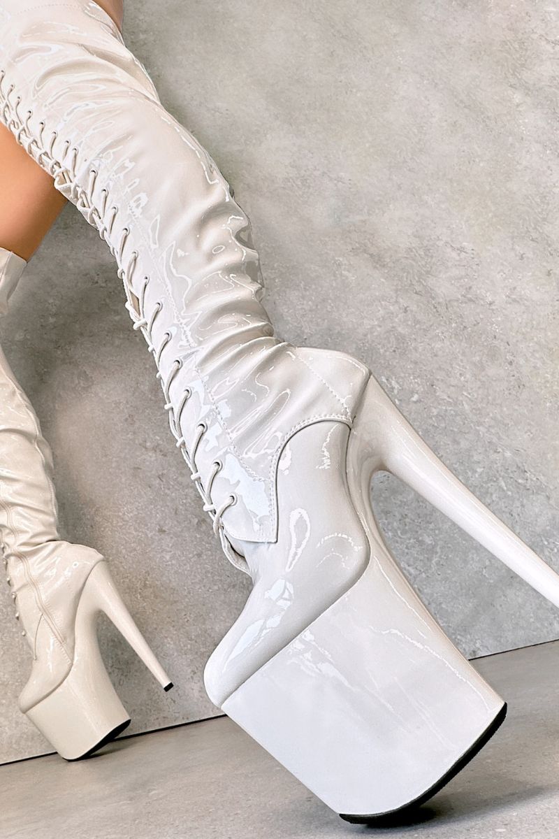 White Thigh High White Knee High Boots No Heel Thigh High Boots No