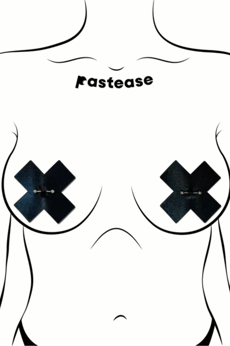 Pastease Cross X with Barbell Piercing Nipple Pasties - Liquid Black