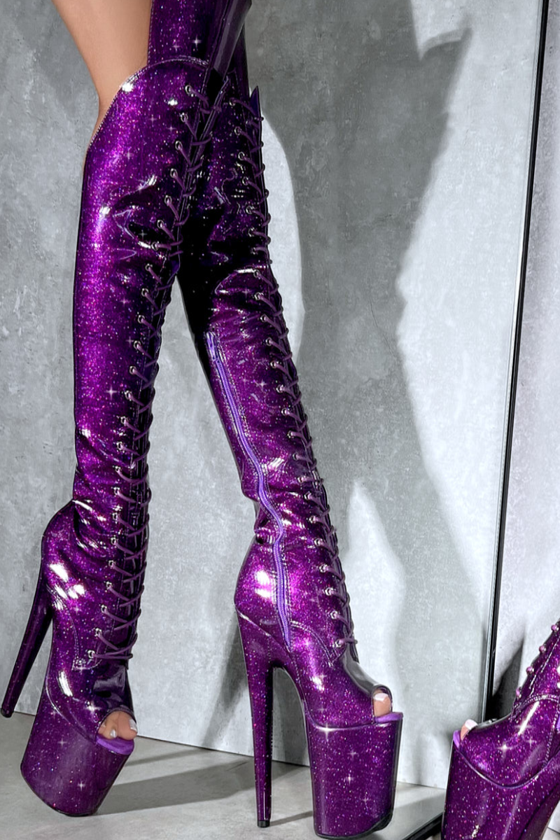Hella Heels The Glitterati Open Toe Over The Knee 8inch Boots - Purple Rain