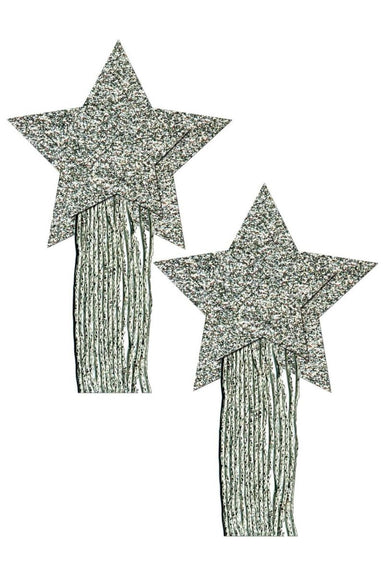 Pastease Star with Tassel Fringe Nipple Pasties - Silver Glitter-Pastease-Pole Junkie