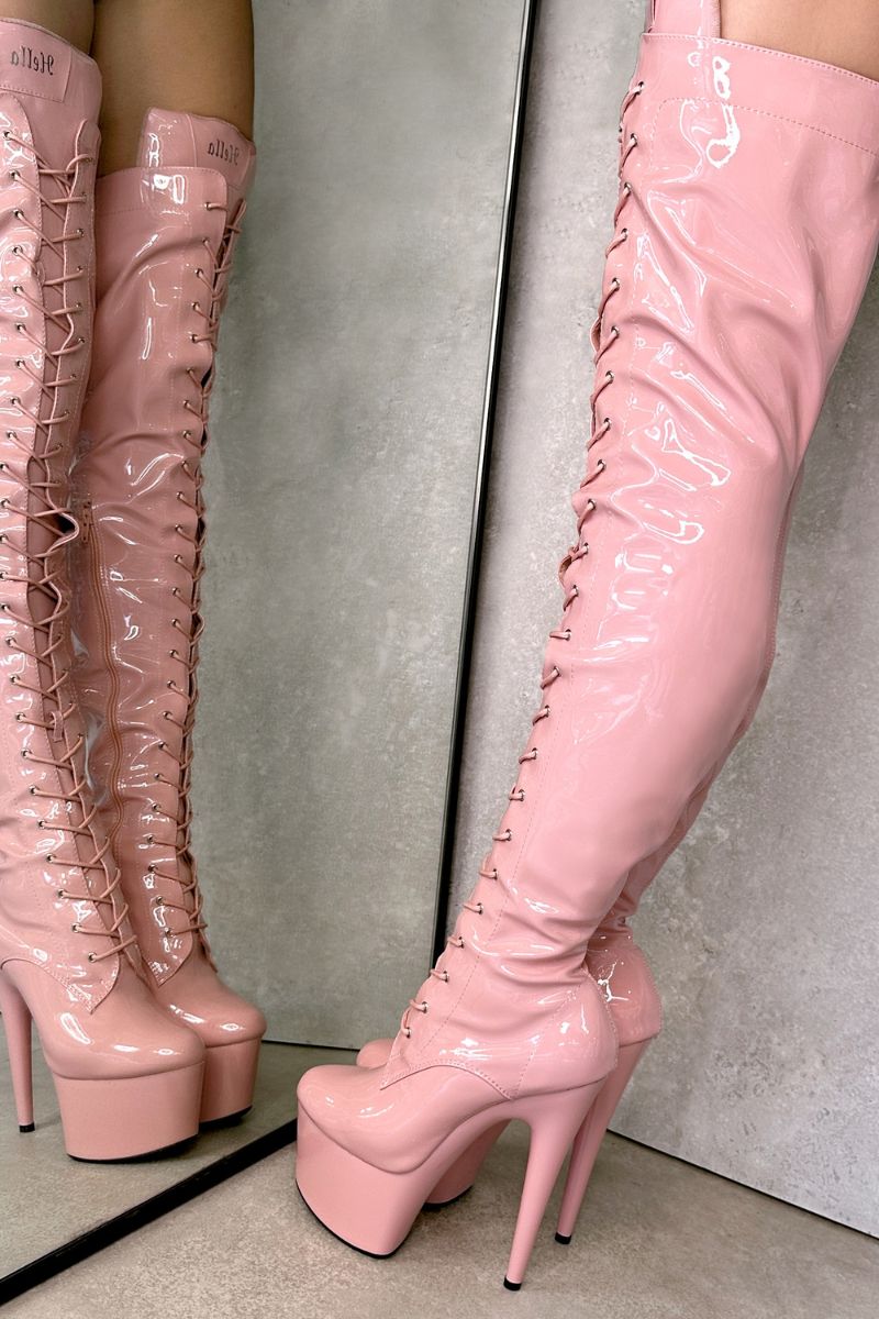 Hella Heels LipKit Thigh High Front Lace 7inch Boots - Candy Shop-Hella Heels-Pole Junkie