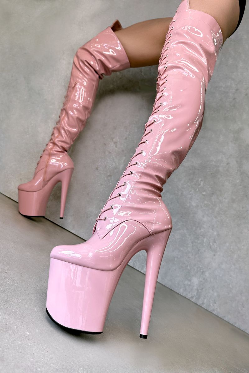 Hella Heels LipKit Thigh High Front Lace 8inch Boots - Candy Shop-Hella Heels-Pole Junkie