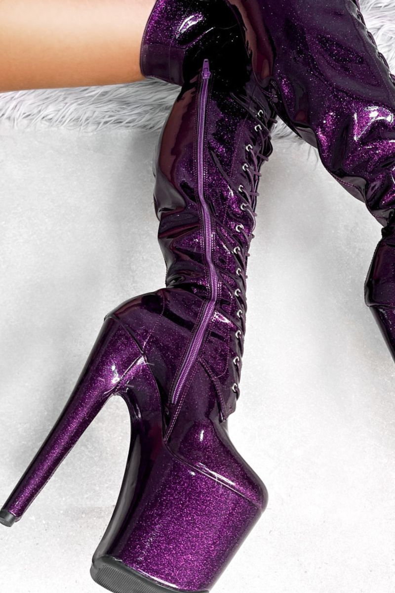 Hella Heels The Glitterati Thigh High 8inch Boots - Purple Rain