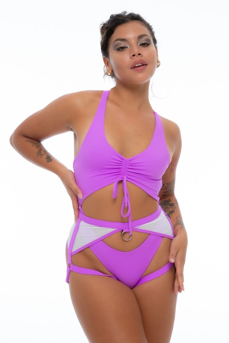 Nona Perkasa Hotline Garter Belt - Neon Purple/White-Nona Perkasa-Pole Junkie