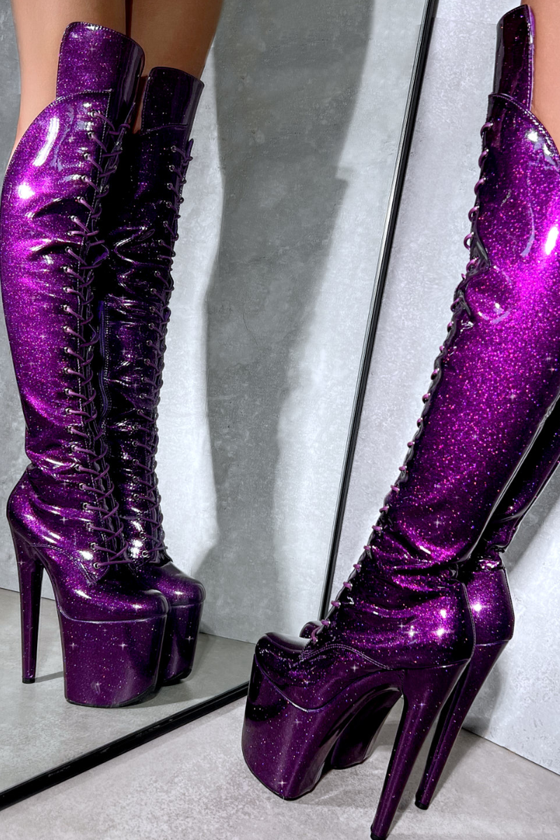 Hella Heels The Glitterati Over The Knee 8inch Boots - Purple Rain