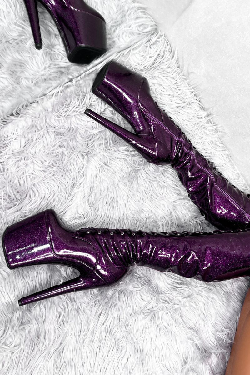 Hella Heels The Glitterati Thigh High 8inch Boots - Purple Rain