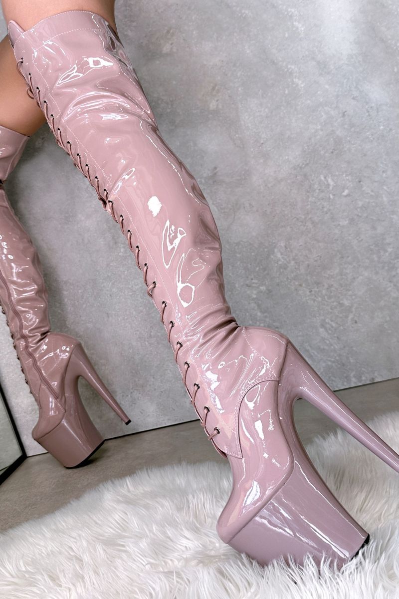 Hella Heels LipKit Thigh High Front Lace 7inch Boots