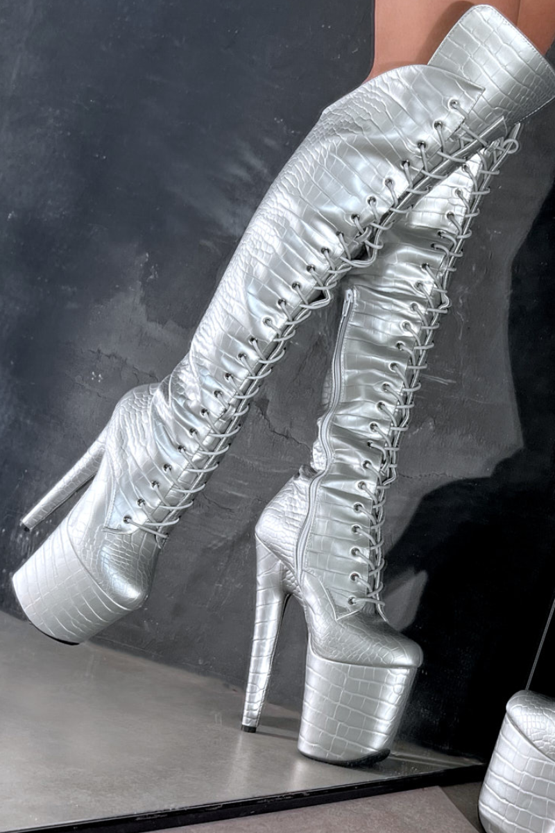 Silver knee high platform boots sales