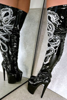 Hella Heels Thicc Thigh High 8inch Boots - Black/White Snake-Hella Heels-Pole Junkie
