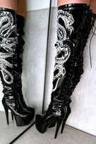 Hella Heels Viper Thigh High 7inch Boots - Black/White Snake-Hella Heels-Pole Junkie