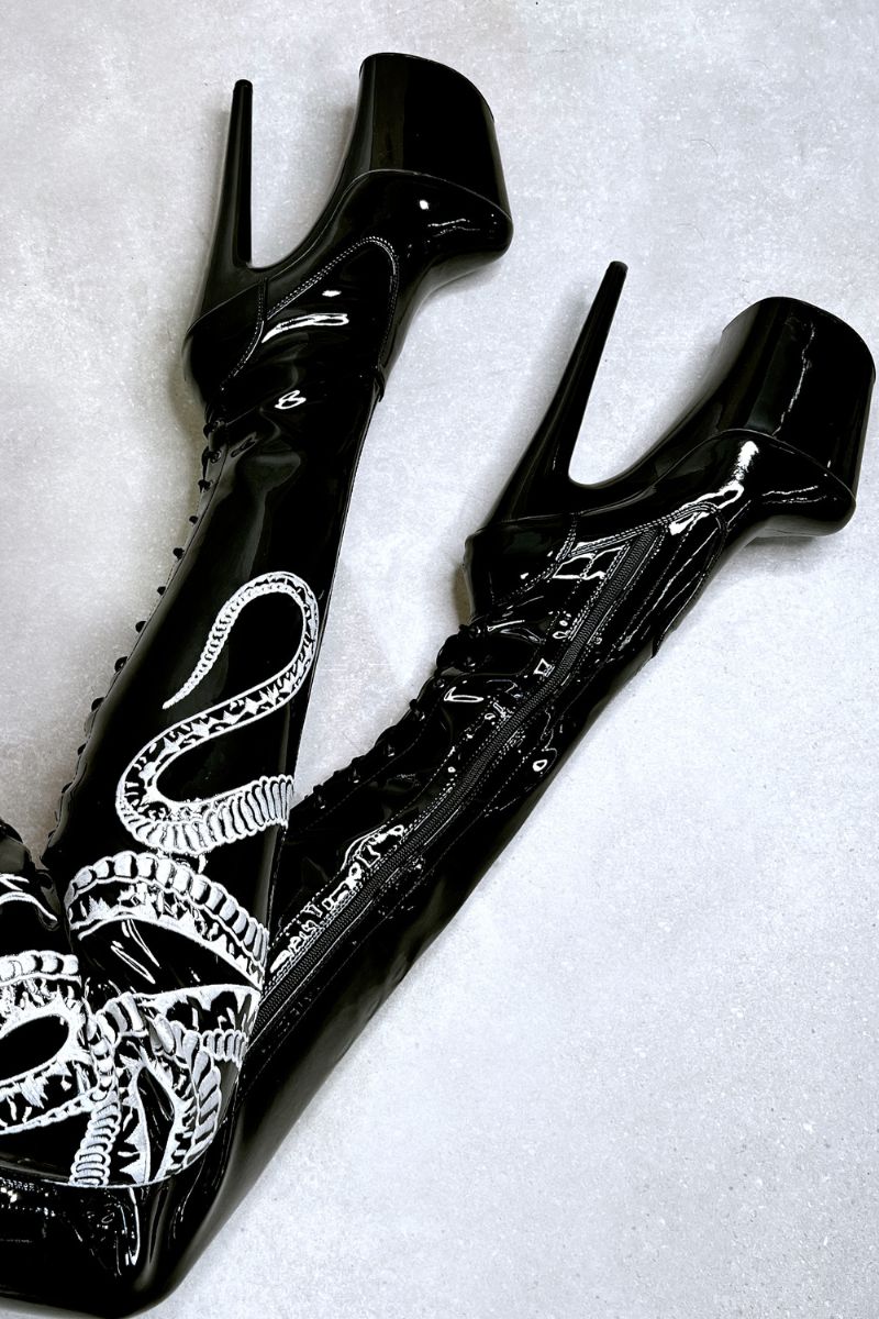 Hella Heels Viper Thigh High 8inch Boots - Black/White Snake-Hella Heels-Pole Junkie