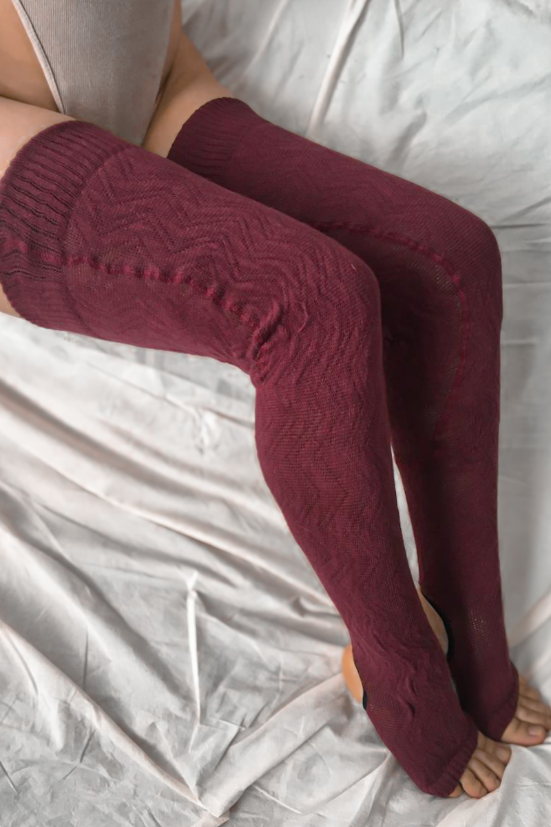 Rolling Cable Knit Thigh High Leg Warmers - Burgundy