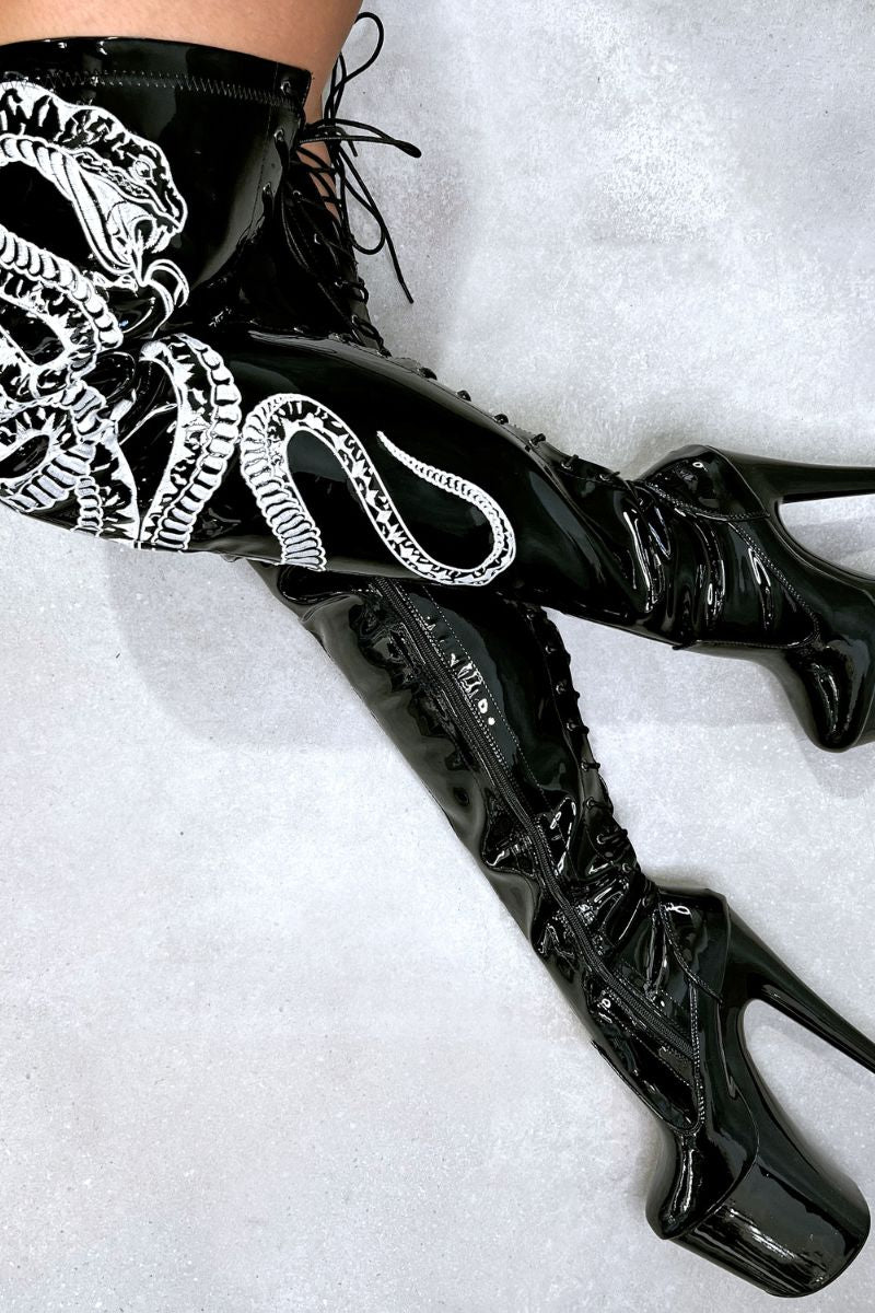 Hella Heels Thicc Thigh High 8inch Boots - Black/White Snake-Hella Heels-Pole Junkie