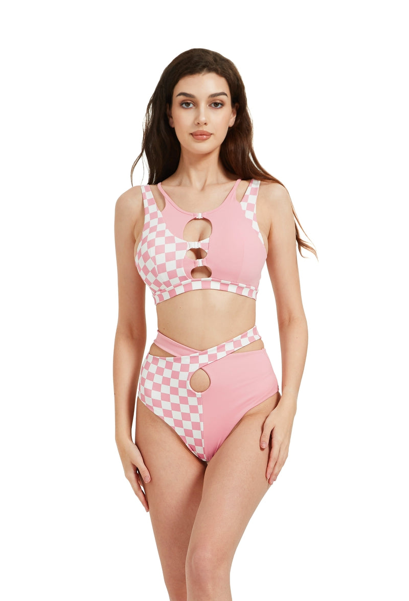 Hamade Activewear Hollow Front Top - Checkered Light Pink-Hamade Activewear-Pole Junkie