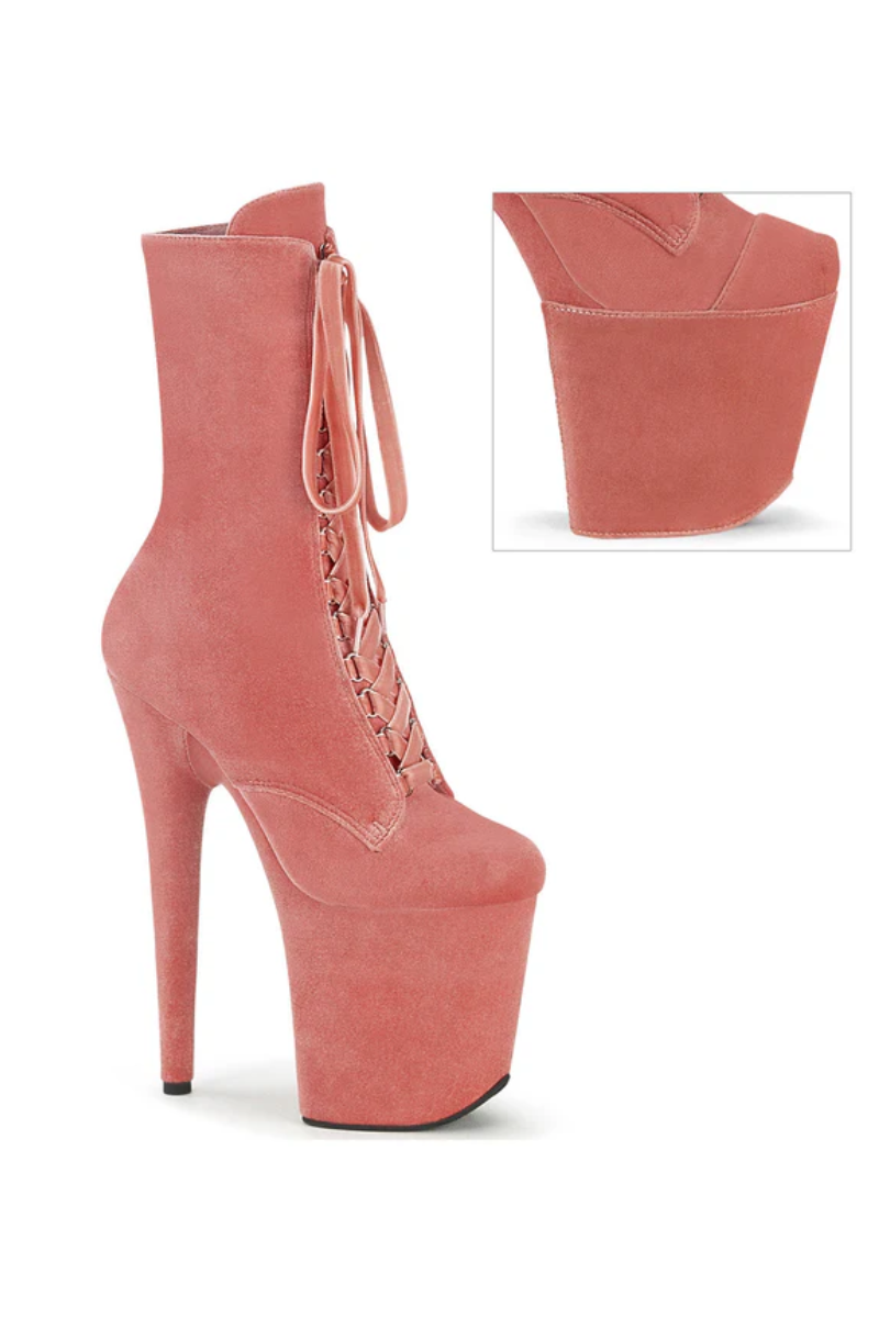 Pleaser USA Flamingo-1045VEL 8inch Pleaser Boots + Protectors - Blush Velvet · Pole Junkie