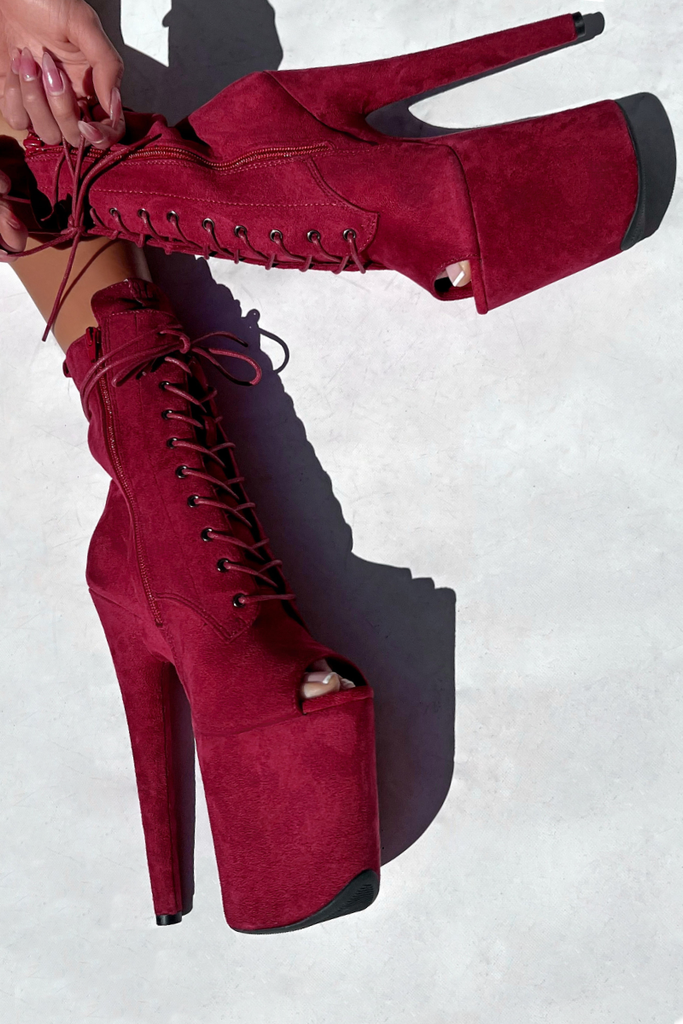 Hella Heels BabyDoll 8inch Open Toe Boots - Dark Red