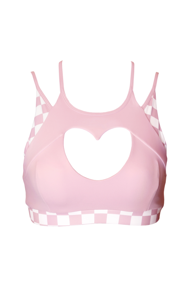 Hamade Activewear Heart Cut Out Top - Checkered Light Pink-Hamade Activewear-Pole Junkie