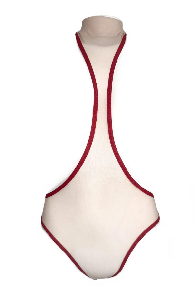 Rolling Peek-A-Boo Bodysuit - Beige/Cherry-Rolling-Pole Junkie