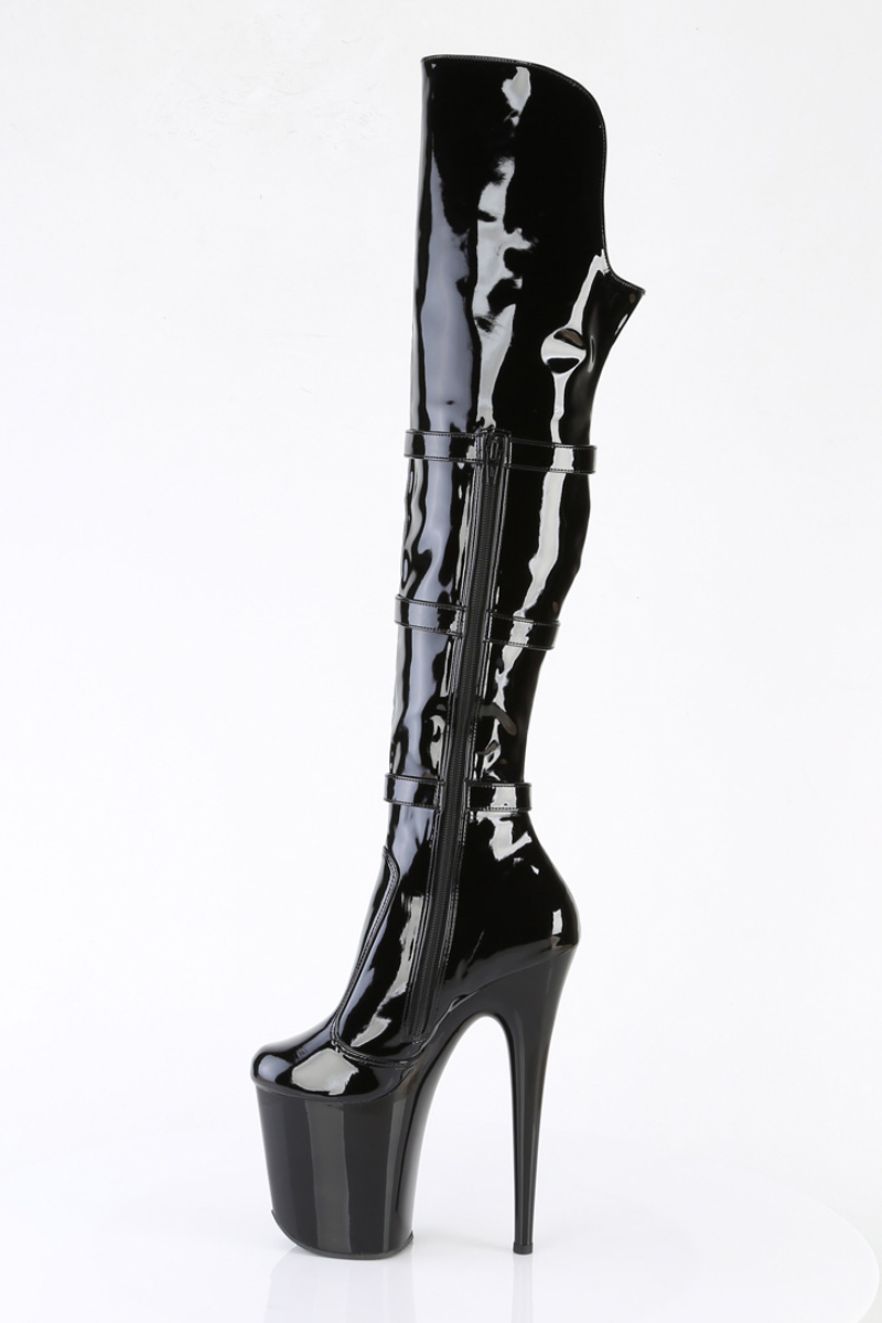 Pleaser USA Flamingo-3018 8inch Over the Knee Pleaser Boots - Patent Black-Pleaser USA-Pole Junkie