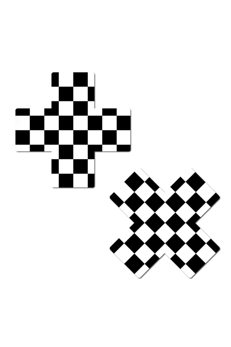 Pastease Cross Nipple Pasties - Black & White Checker-Pastease-Pole Junkie