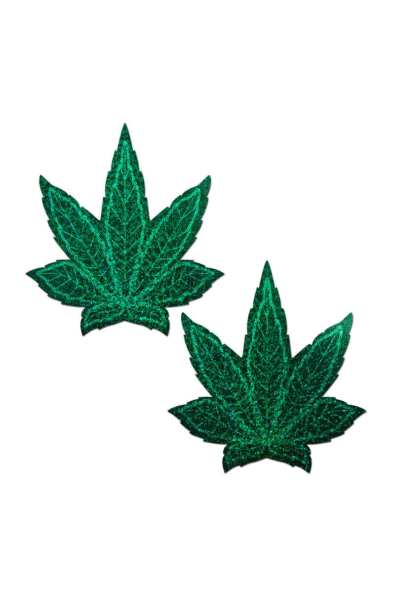 Pastease Indica Pot Leaf Nipple Pasties - Green Glitter-Pastease-Pole Junkie