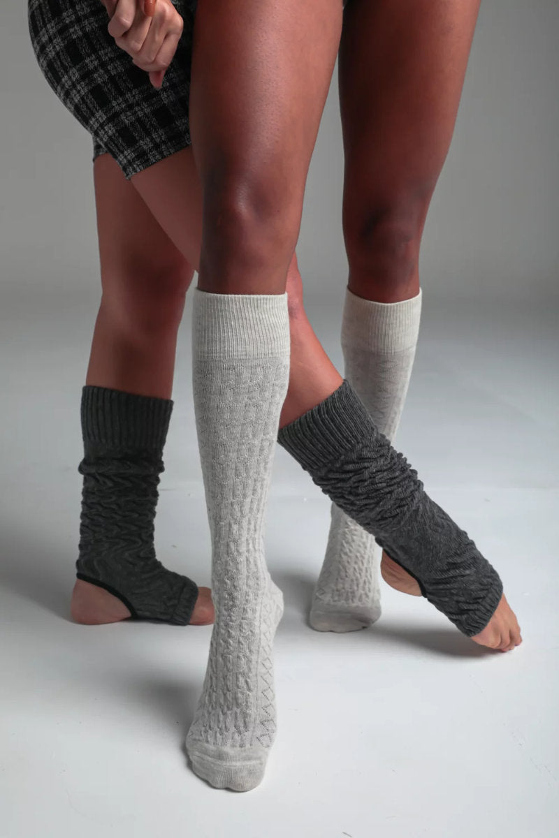 Rolling Cable Knit Thigh High Leg Warmers with Stirrups - Charcoal