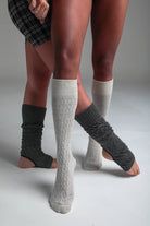 Rolling Cable Knit Thigh High Leg Warmers with Stirrups - Charcoal-Rolling-Pole Junkie
