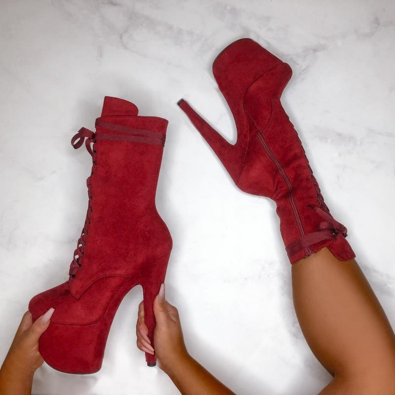 Hella Heels High BabyDoll 7inch Boots - Dark Red-Hella Heels-Pole Junkie