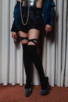 Rolling Over the Knee Ribbon Socks - Black (3 sizes available)-Rolling-Pole Junkie