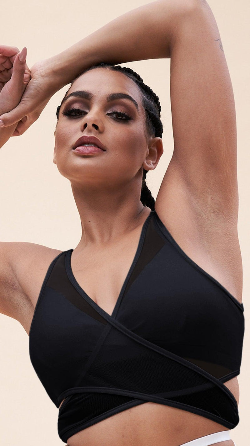 Lunalae Fiona Crossover Wrap Top - Black Mesh-Lunalae-Pole Junkie