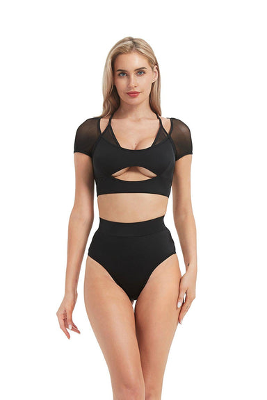 Hamade Activewear Mesh Hollow Front Crop Top - Black-Hamade Activewear-Pole Junkie