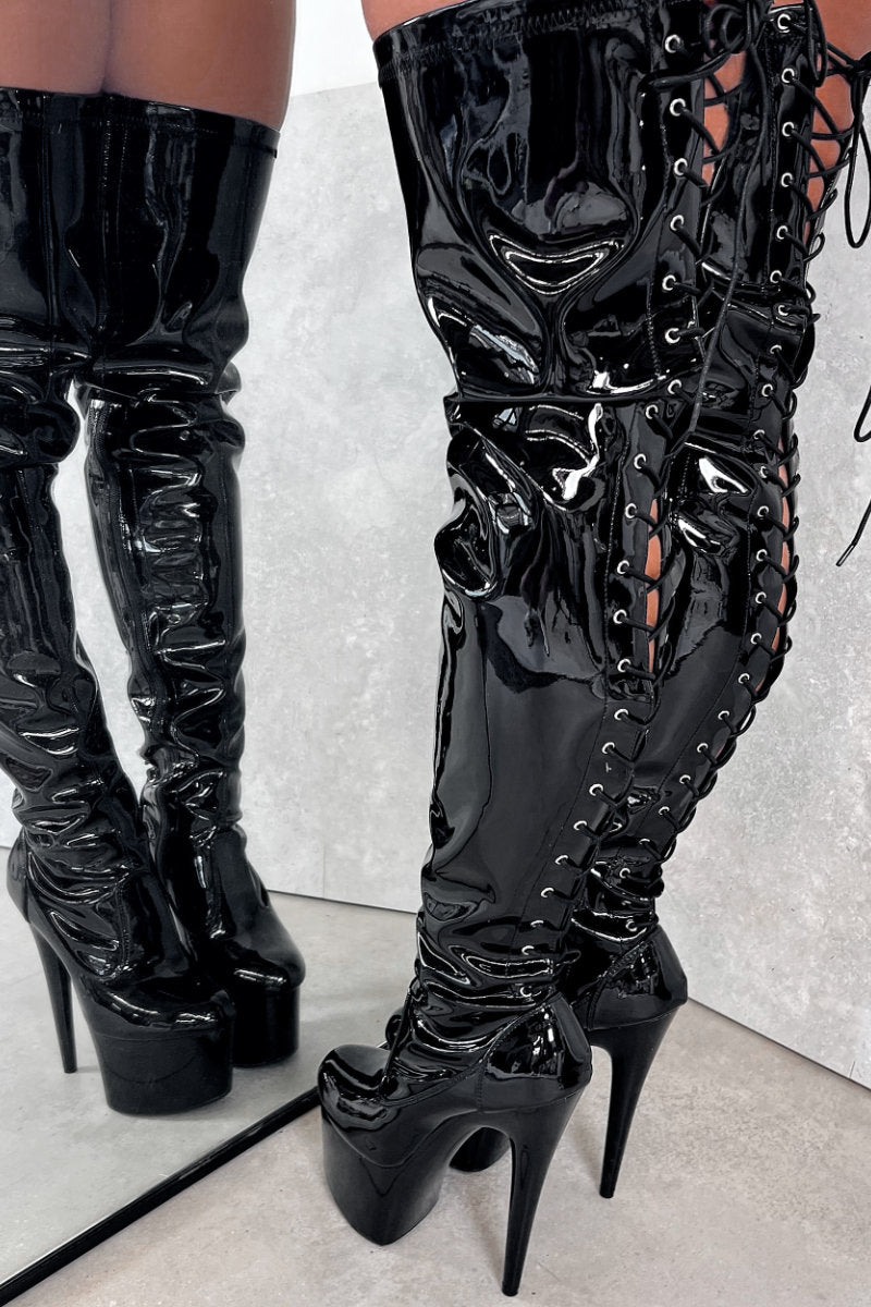 Hella Heels LipKit Thicc Thigh High Back Lace 7inch Boots - Black Beatle-Hella Heels-Pole Junkie