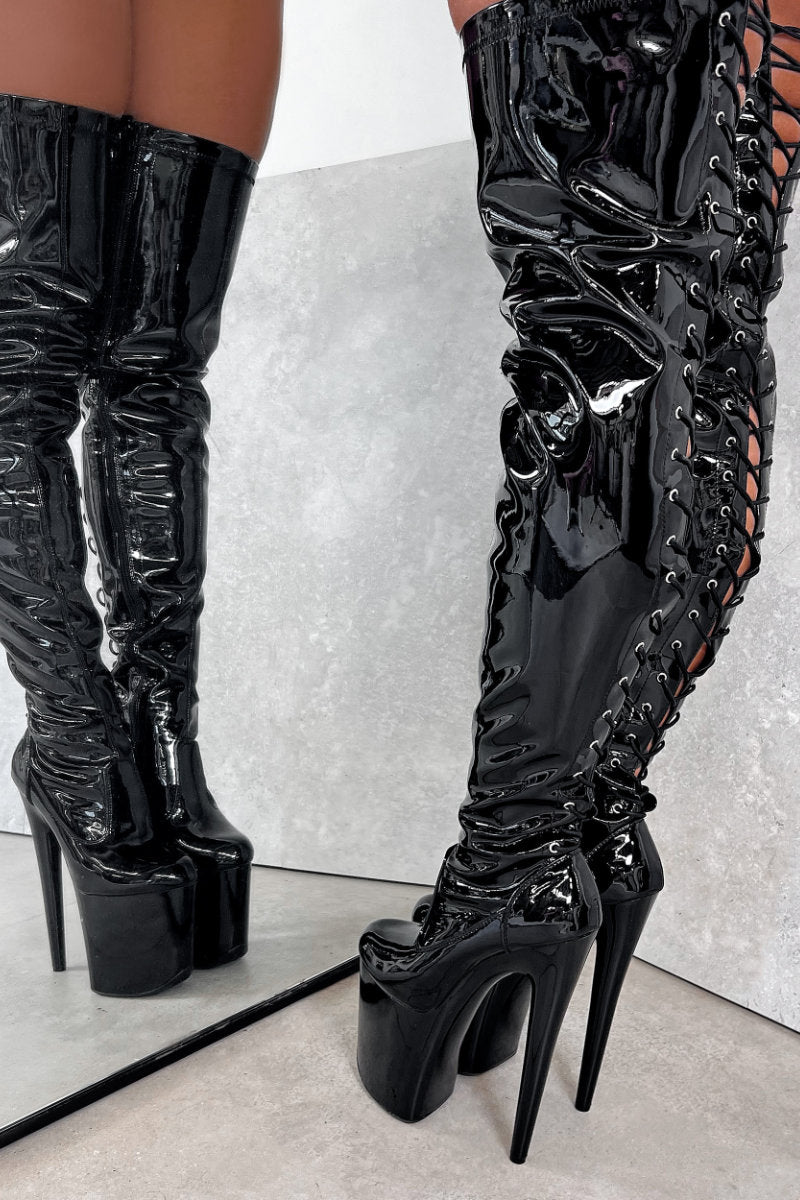 Hella Heels LipKit Thicc Thigh High Back Lace 8inch Boots - Black Beatle ·  Pole Junkie