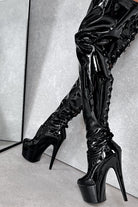 Hella Heels LipKit Thigh High Back Lace 7inch Boots - Black Beatle-Hella Heels-Pole Junkie