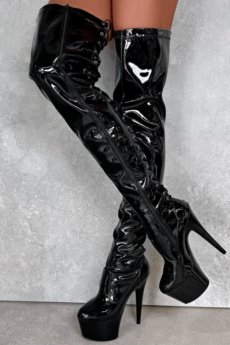Hella Heels LipKit Thigh High Back Lace 7inch Boots - Black Beatle-Hella Heels-Pole Junkie