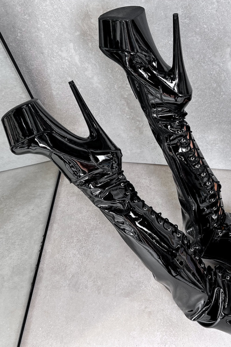 Hella Heels LipKit Thigh High Back Lace 7inch Boots - Black Beatle-Hella Heels-Pole Junkie