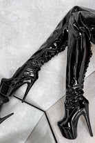 Hella Heels LipKit Thigh High Back Lace 7inch Boots - Black Beatle-Hella Heels-Pole Junkie