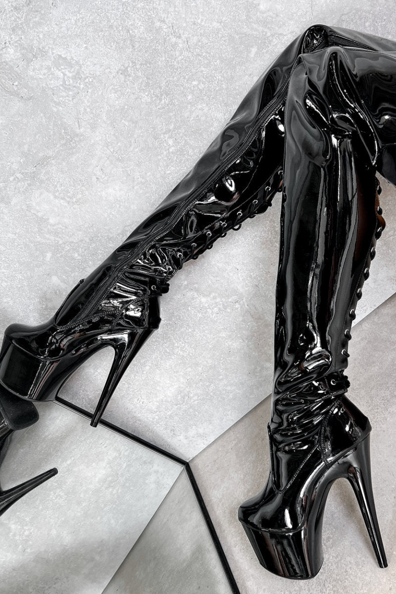 Hella Heels LipKit Thigh High Back Lace 7inch Boots - Black Beatle-Hella Heels-Pole Junkie