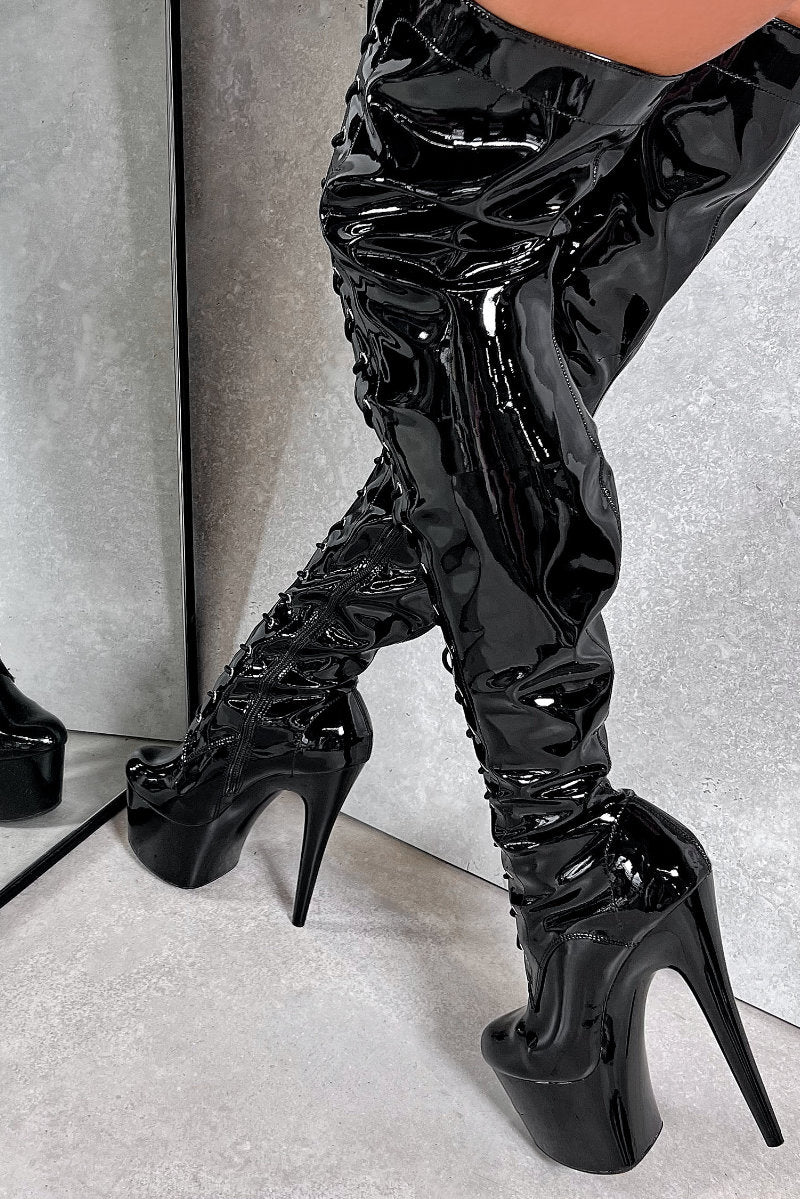 Black Thigh High Boots Black Sexy Shoes Pointed Toe Patent Leather Buckle  Detail High Heel Over Knee Boots - Milanoo.com