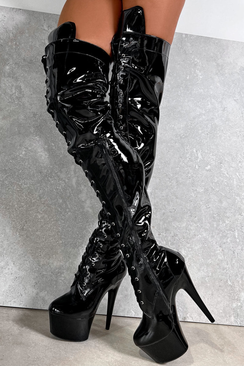 Sexy Black Thigh High Clear Open Toe High Heel Boots – AMIClubwear