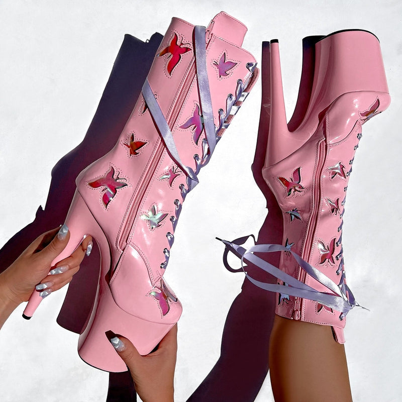Hella Heels Butterfly Boots - 8inch - Pink-Hella Heels-Pole Junkie