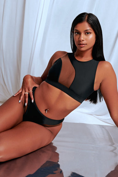 CXIX Silhouette Sports Bra - Black with Cocoa Mesh-Creatures of XIX-Pole Junkie