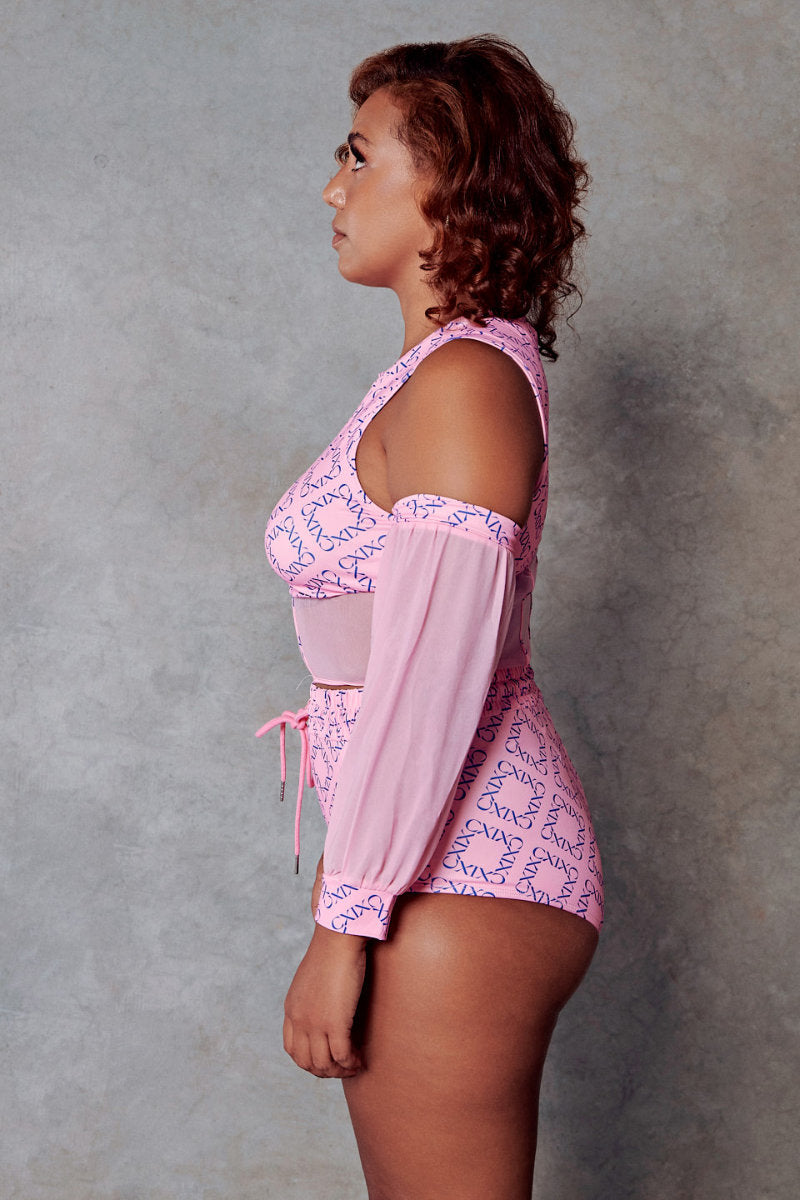 CXIX 119 Corset Top with Sleeves - Pink Print-Creatures of XIX-Pole Junkie