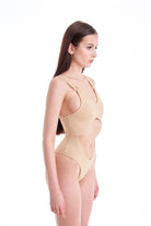 Hamade Activewear Cut Out Bodysuit - Beige-Hamade Activewear-Pole Junkie