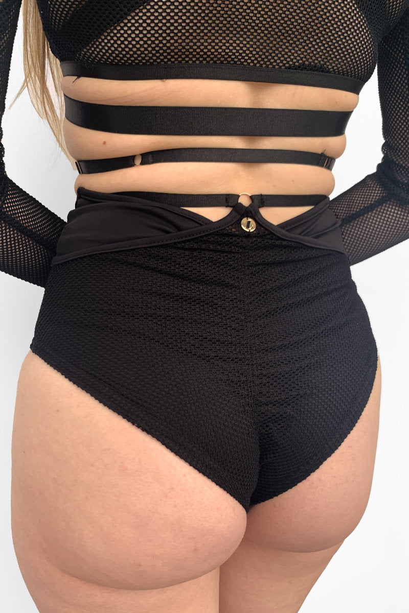 Lunalae Claire Cut Out High Waisted Bottoms - Recycled Black Mesh-Lunalae-Pole Junkie