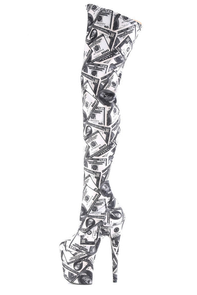 Pleaser USA Flamingo-3000DP 8inch Thigh High Pleaser Boots - Money Print-Pleaser USA-Pole Junkie